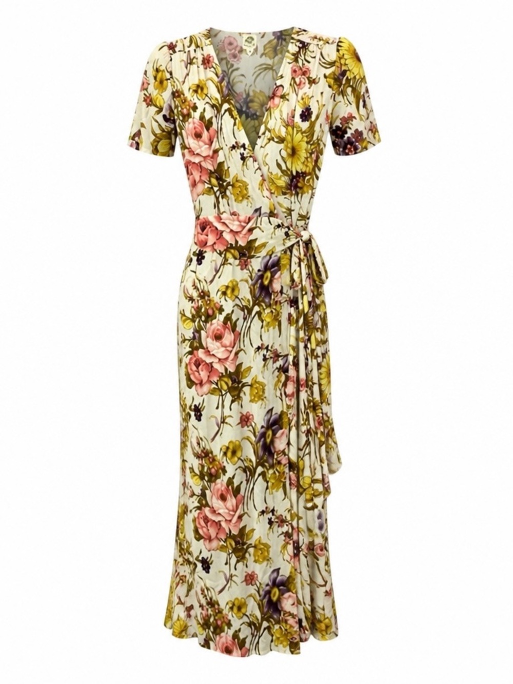 Anthropologie Yellow and Pink Puff Sleeve Tie Front Maxi Dress